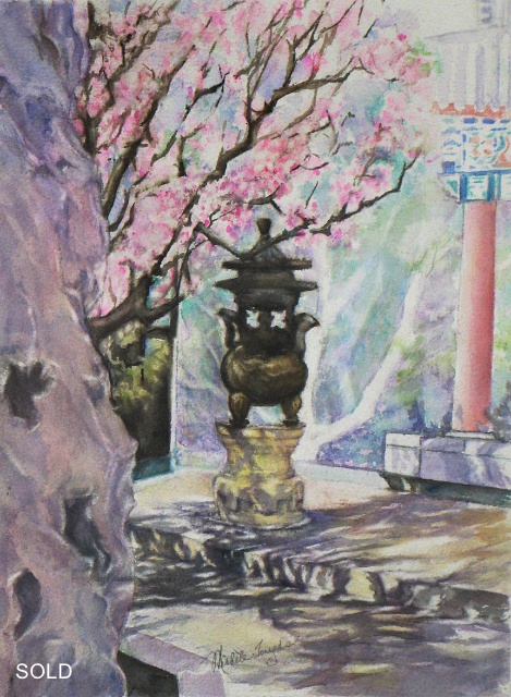 Stone Lantern and Cherry Tree